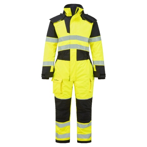 kombinezon roboczy zimowy trudnopalny ostrzegawczy PW3 Modaflame Rain+ Hi-Vis Multi-Norm FR FR516 Portwest żółto-czarny