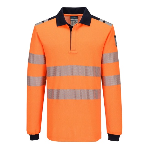 koszulka robocza polo ostrzegawcza trudnopalna z długim rękawem PW3 Modaflame Knit HVO FR FR734 Portwest pomarańczowo-granatowa