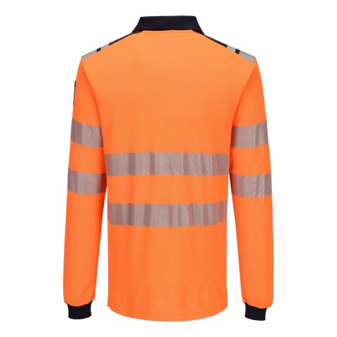 Portwest FR734 koszulka robocza polo ostrzegawcza trudnopalna z długim rękawem PW3 Modaflame Knit HVO FR pomarańczowo-granatowa
