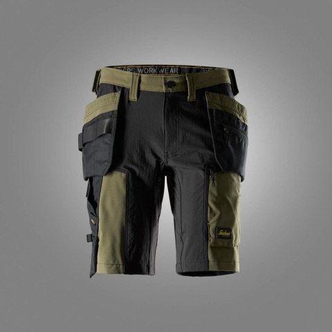 spodnie robocze do pasa krótkie stretch z workami kieszeniowymi AllroundWork 6118 Snickers Workwear khaki-czarne
