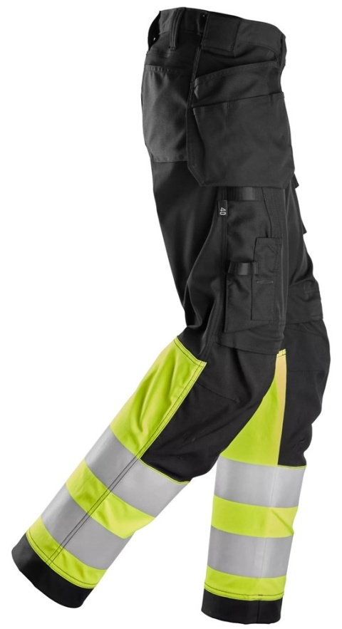 damskie spodnie bhp do pasa odblaskowe stretch z workami kieszeniowymi EN 20471/1 Snickers Workwear 6734 czarno-żółte