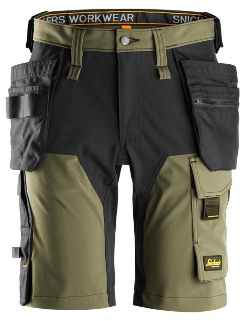 spodnie robocze do pasa krótkie stretch z workami kieszeniowymi AllroundWork 6175 Snickers Workwear khaki-czarne