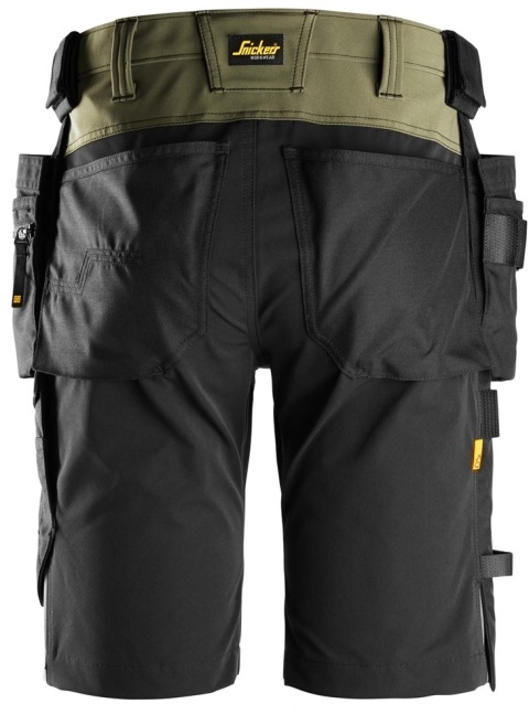 Snickers Workwear 6175 spodnie robocze do pasa krótkie stretch z workami kieszeniowymi AllroundWork khaki-czarne