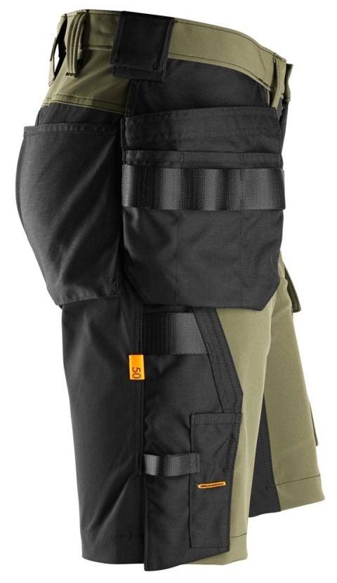 krótkie spodenki robocze stretch z workami kieszeniowymi Snickers Workwear AllroundWork 6175 khaki-czarne